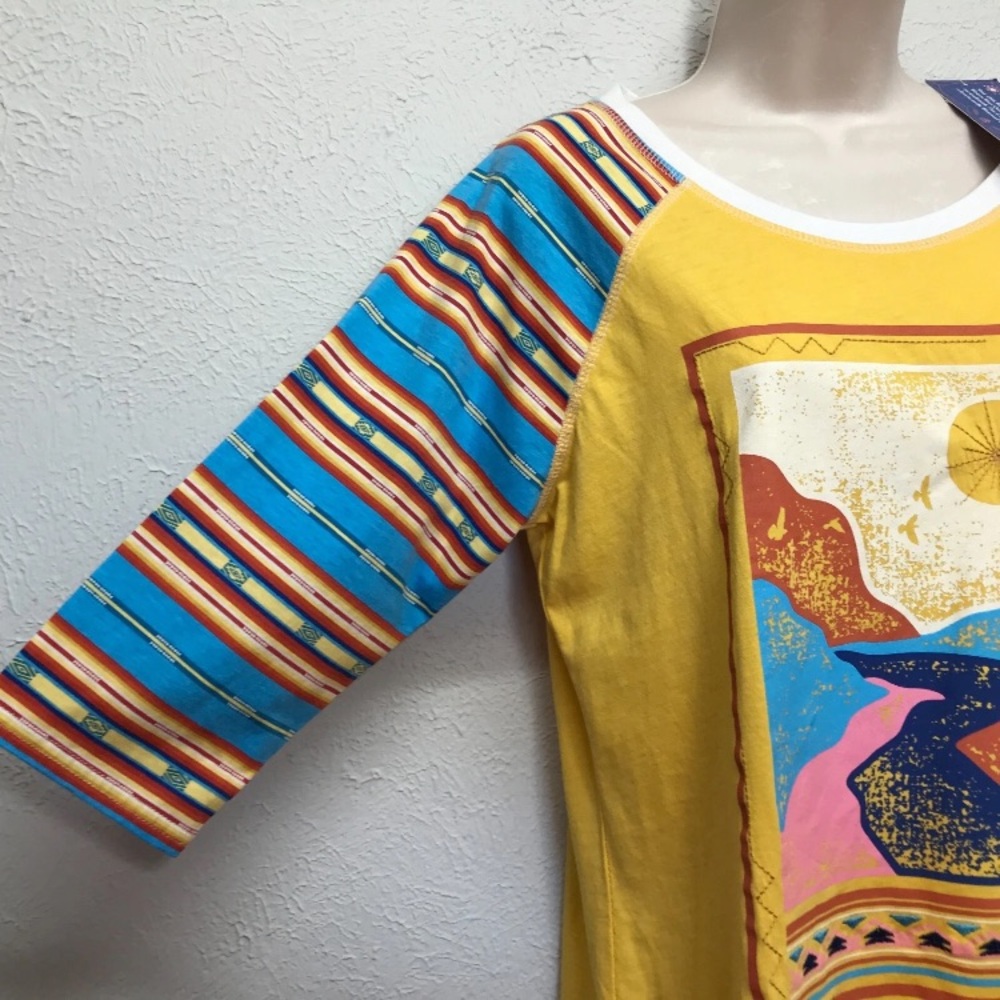 Panhandle Top Shirt Womens L Yellow 3/4 Raglan Sleeve Western Desert Sunset Prin - Picture 3 of 9